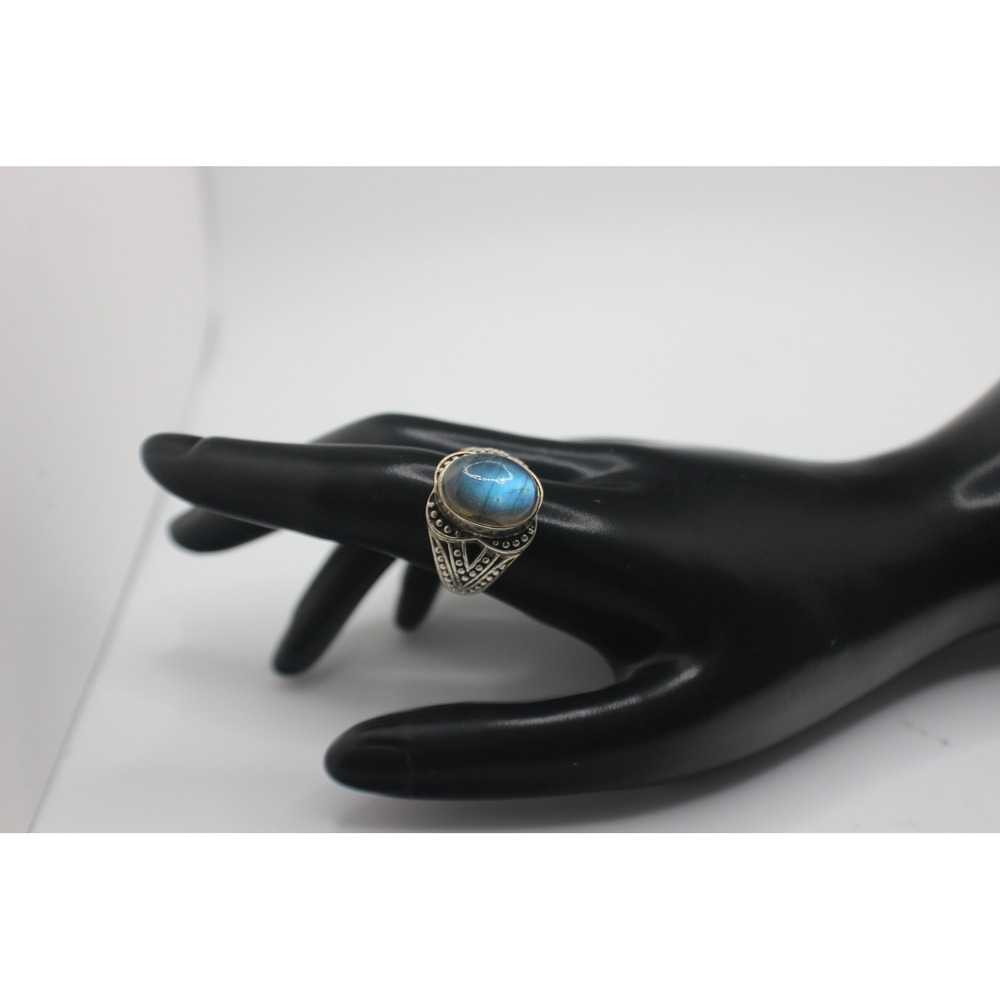 Sterling Silver 925 Labradorite Blu Flash Ring Size 9.75 Ornate Boho Beaded Band